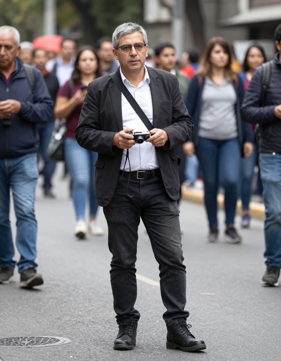 Manos que sostienen la cámara con correa tensa entre la gente