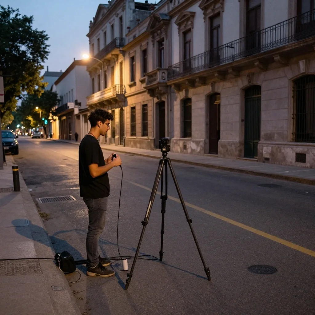 Manos revisando cámara y grabador sobre mesa de trabajo