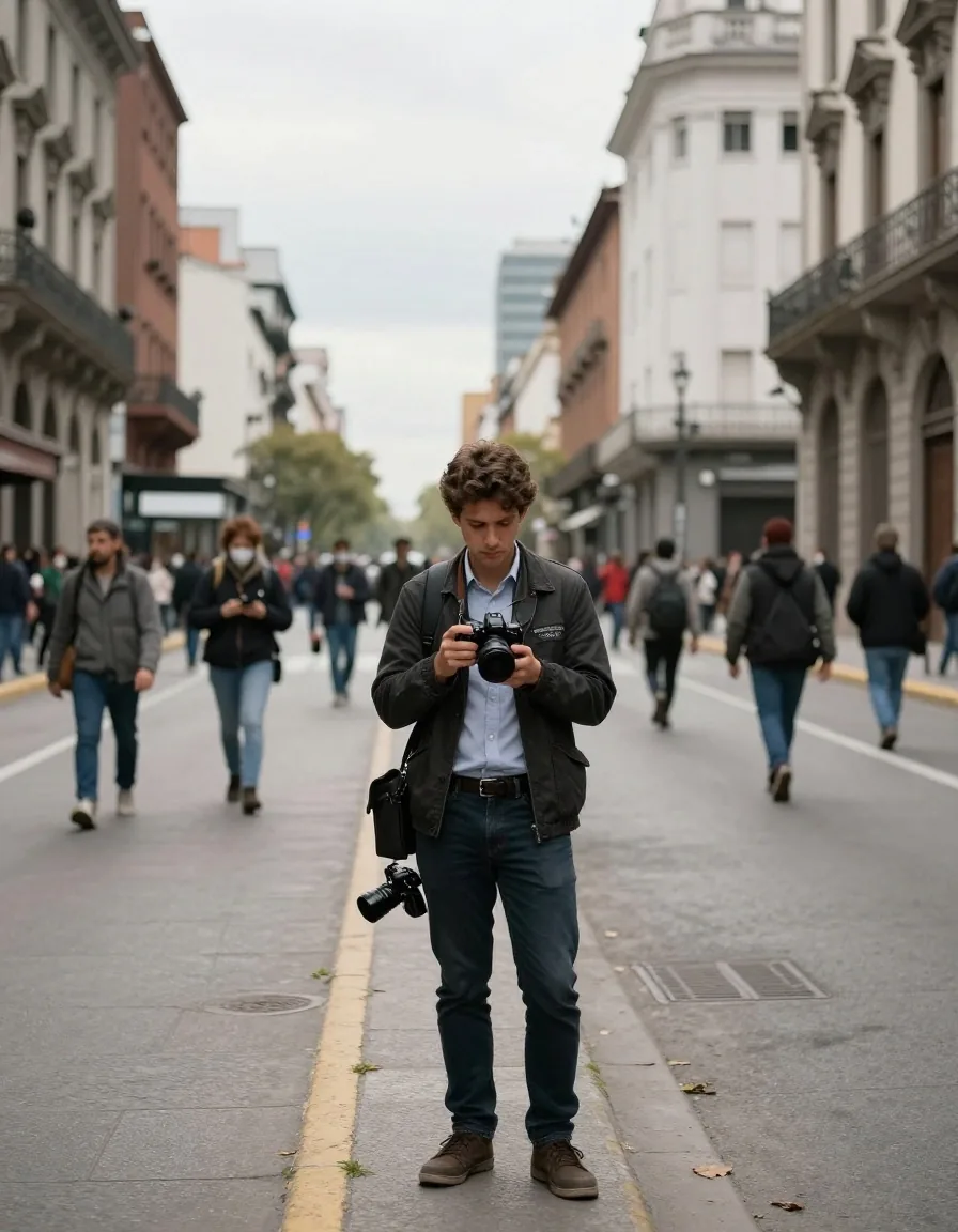 Reportera filmando un evento callejero desde el borde de la vereda