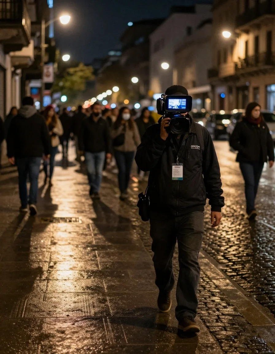 Reportero con cámara en el borde de una multitud de noche