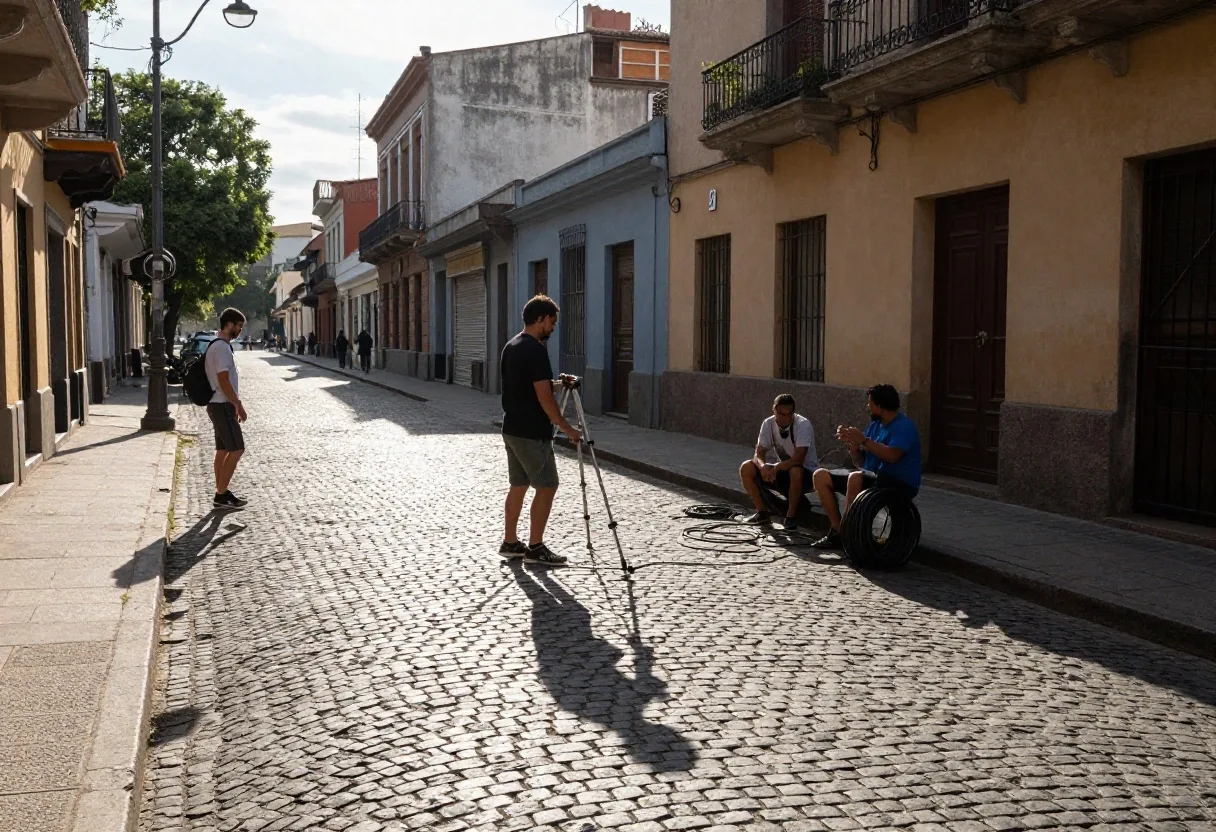 Filmación entre la multitud a la tarde