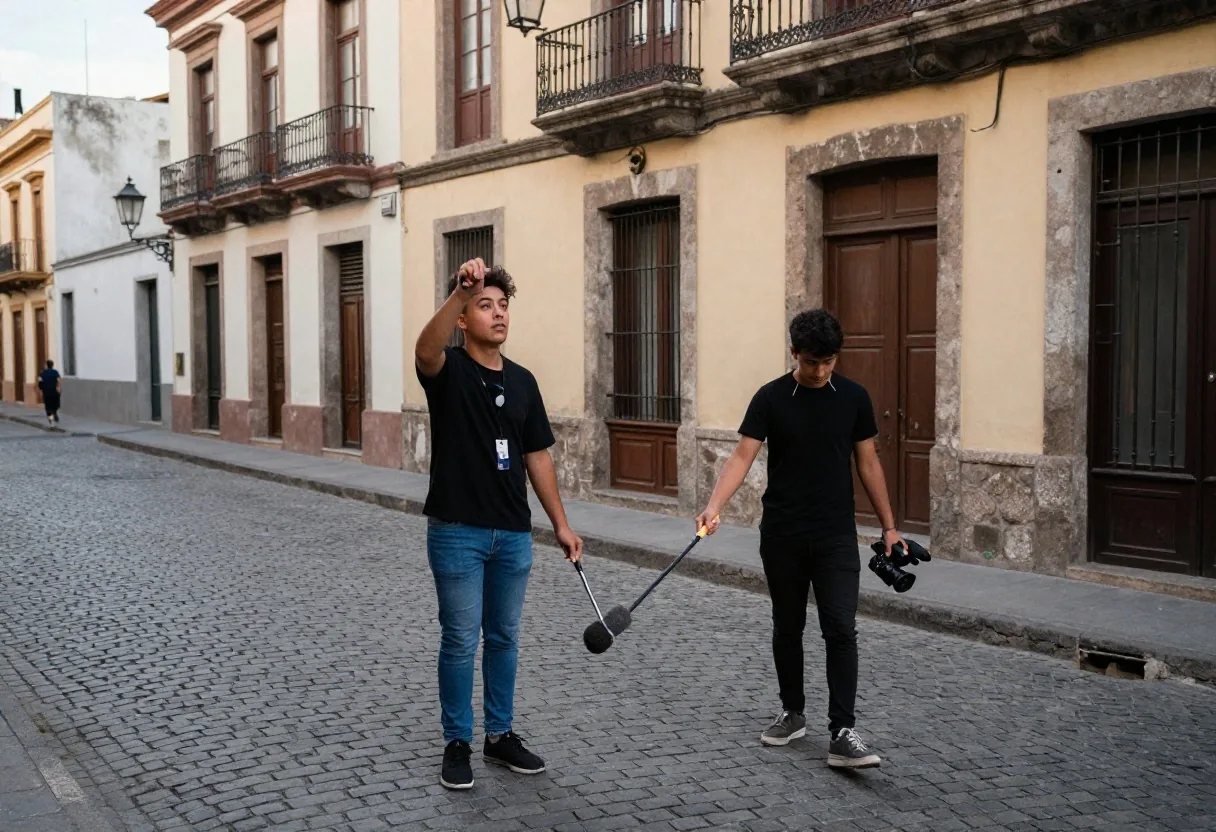 Estudiantes practicando entrevista con micrófono en calle porteña