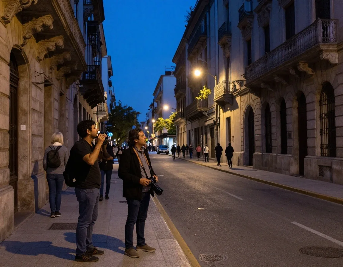 Reportero con cámara en el borde de la multitud de noche