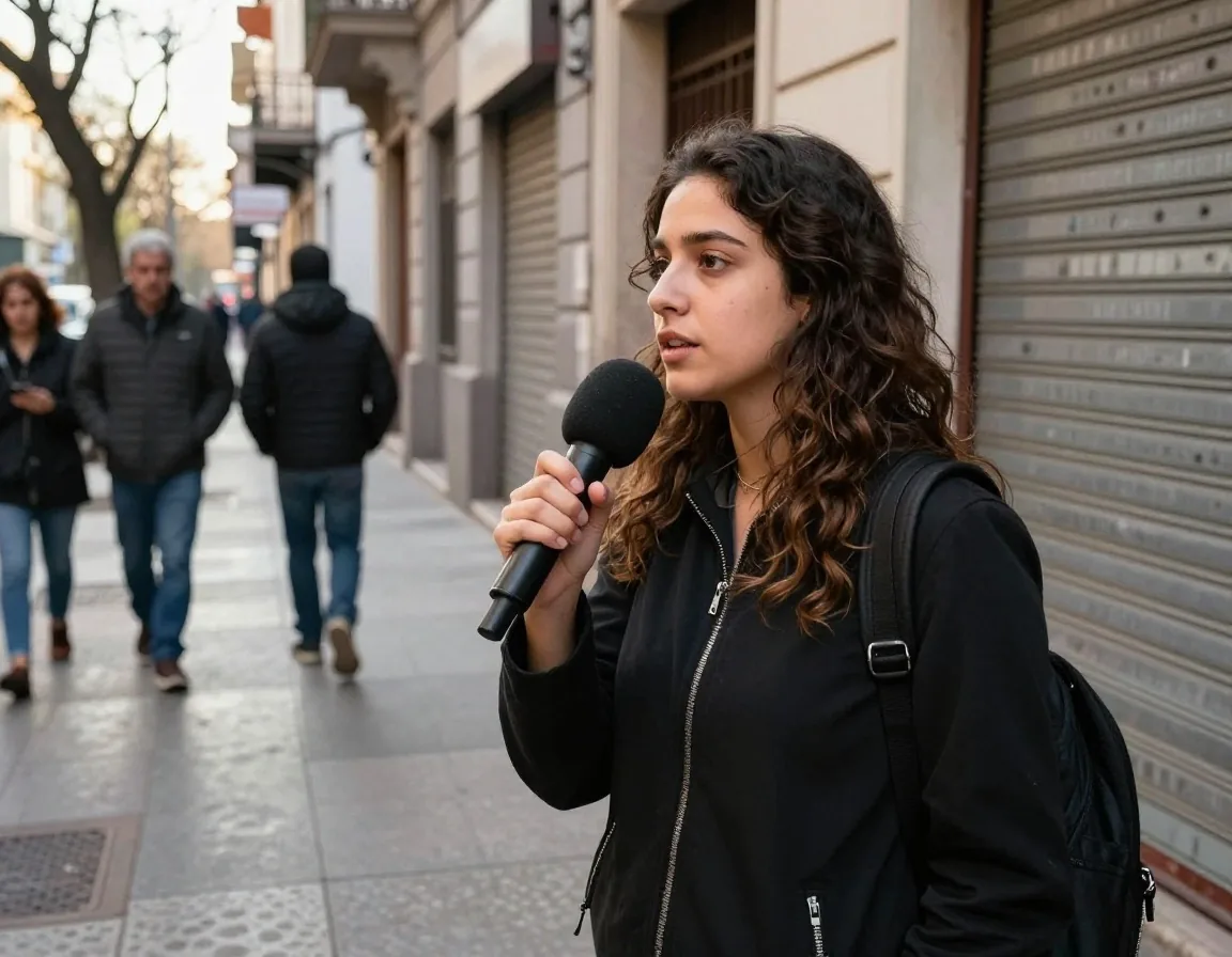 Entrevista en la vereda con micrófono de mano y cortaviento