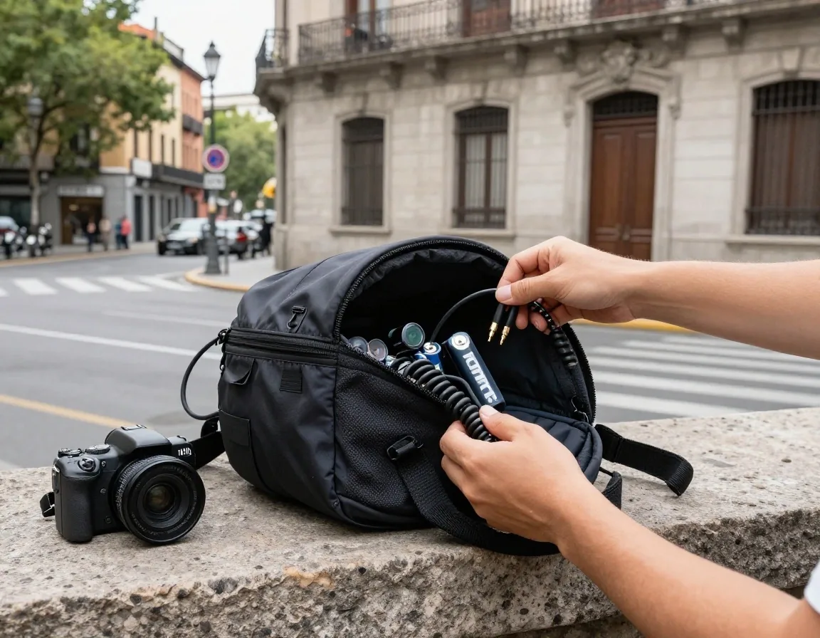 Manos guardando cables y baterías en la mochila
