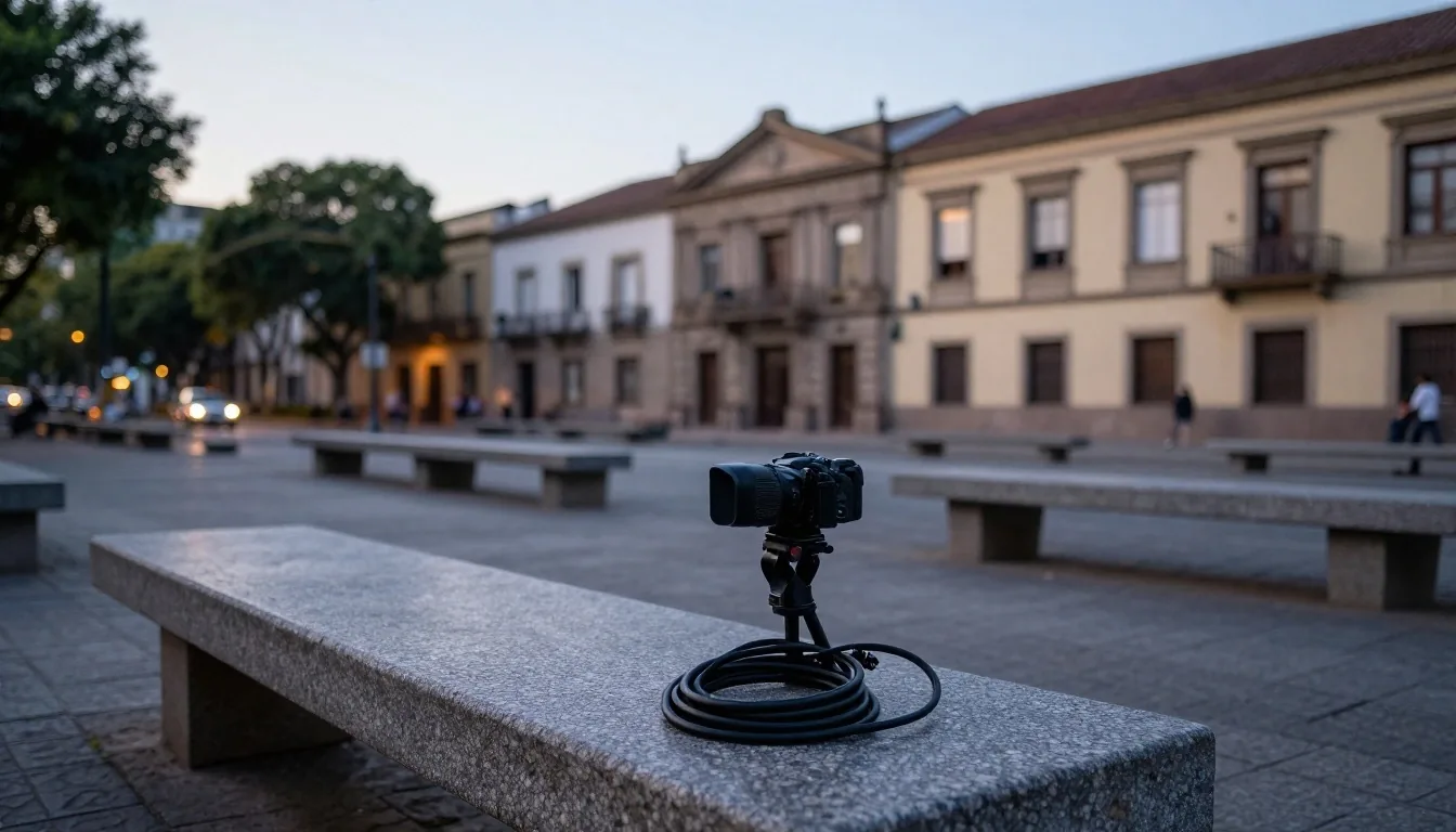 Práctica de entrevistas en plaza al atardecer