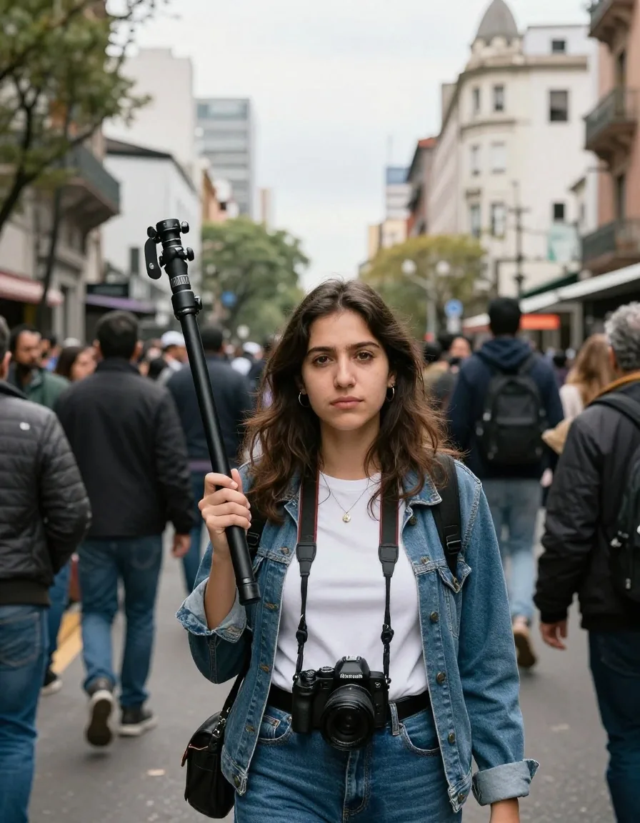 Reportera con cámara y monopié en el borde de una multitud