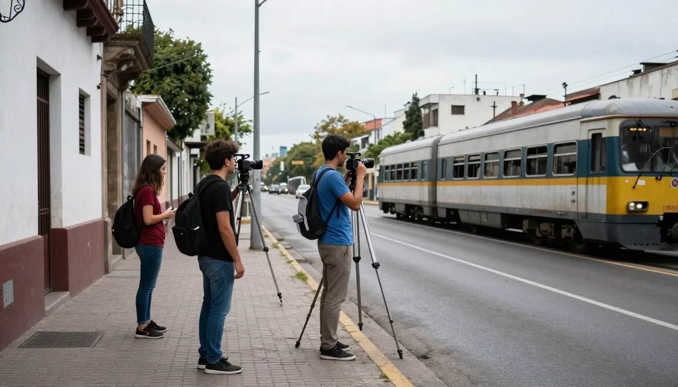 Estudiantes de reportaje filmando al borde de una multitud en Buenos Aires