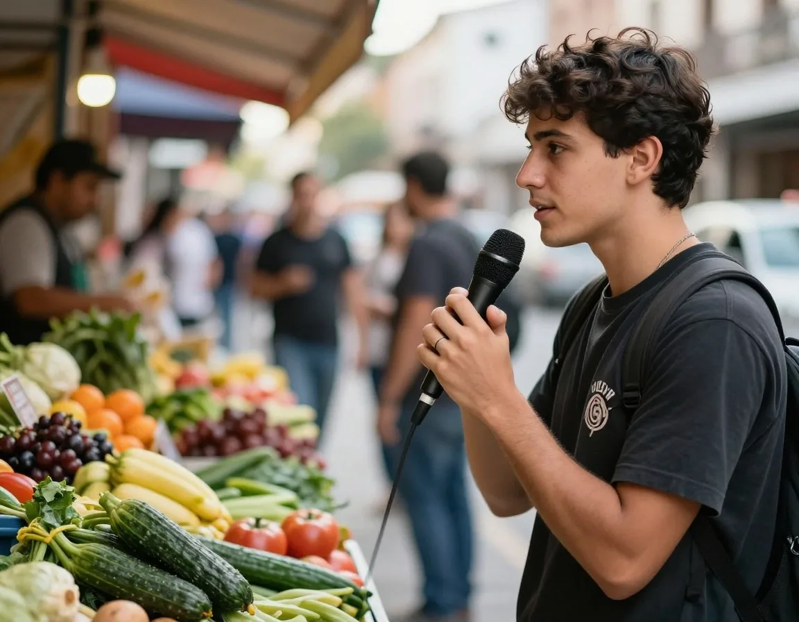 Reportera haciendo una entrevista breve en una feria callejera