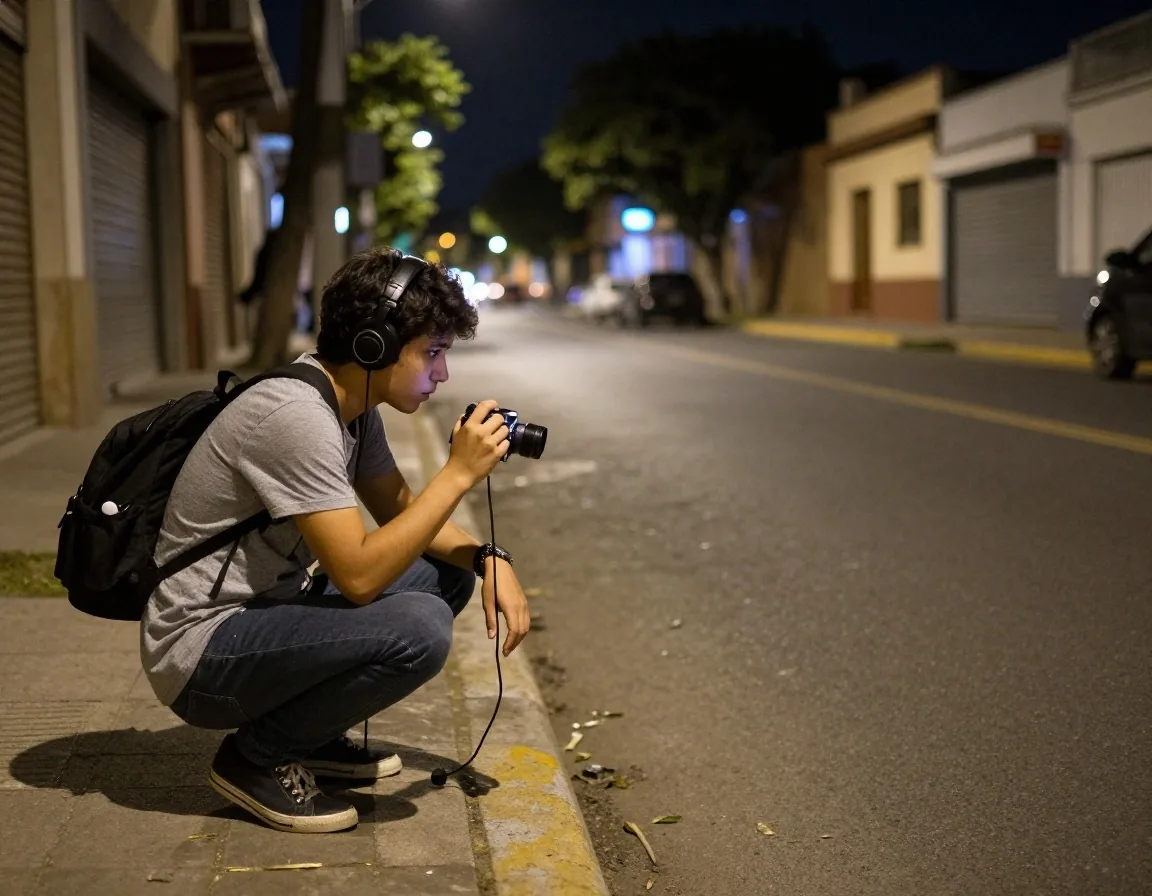 Reportero con cámara en borde de calle de noche