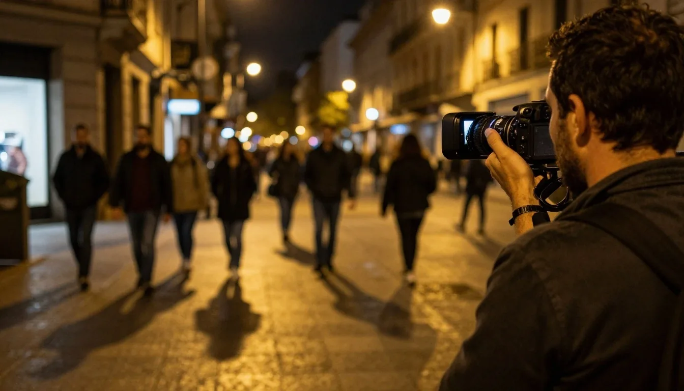 Cobertura nocturna entre la multitud con cámara al hombro