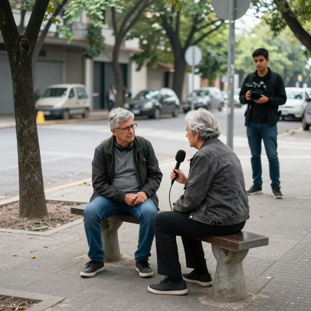 Práctica de entrevista en la calle con micrófono y cámara