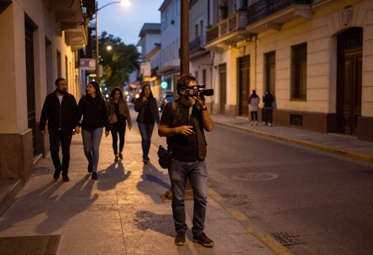 Reportero con cámara en el borde de la multitud de noche