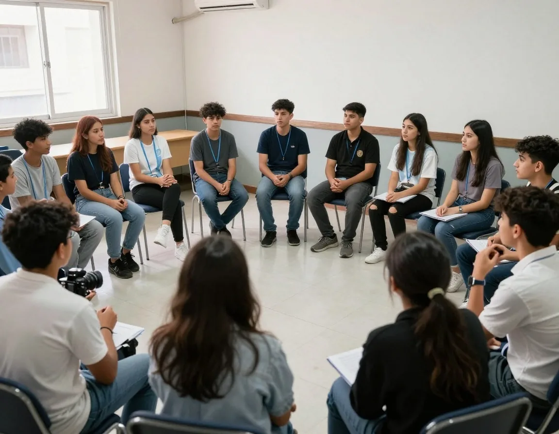Reporteros revisando material en monitores en aula