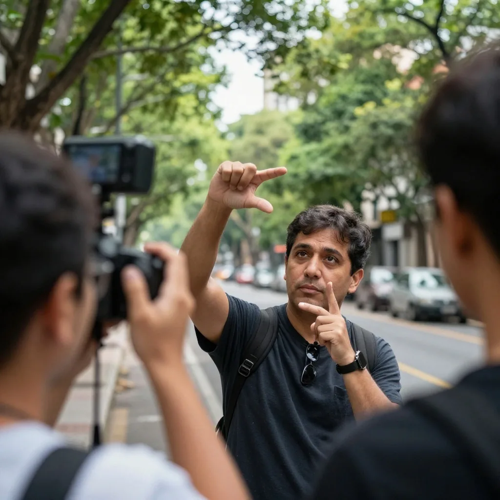 Docente de cámara dando indicaciones en la vereda
