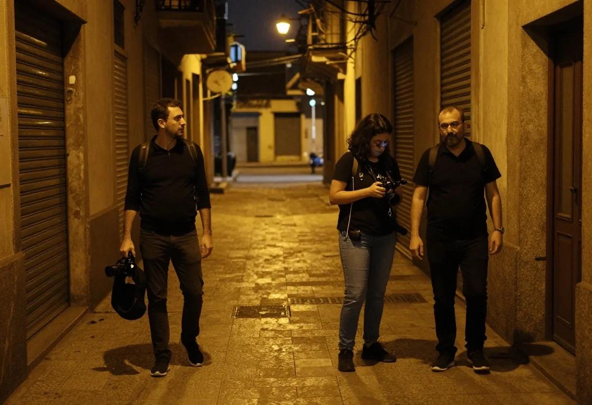 Reportera con cámara en borde de multitud de noche